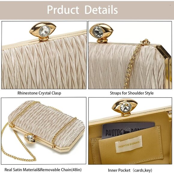 ❤️ Women Satin Evening Clutch Purse Handbags Crossbody Hardcase for Party Prom - Picture 5 of 7